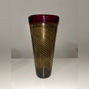 MCM Vintage 1960s Tall 11" Red/Gold Swirl Murano-style Blown Glass Art Vase